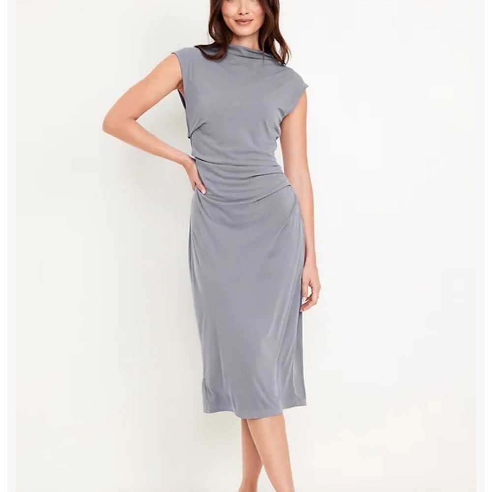 Old Navy Ruched Midi Dress Storm Gray Rib Knit Stretch Sleeveless XL Mock Neck